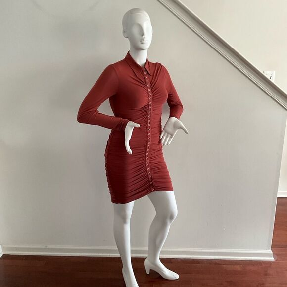 A.L.C. Larsen Rust Long Sleeve Ruched Dress L ASOTV - Picture 12 of 12